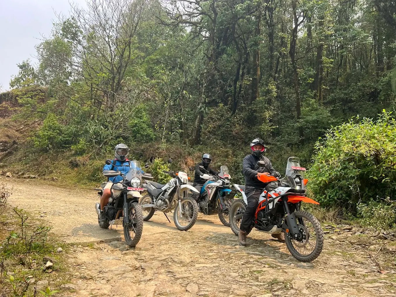 Adventure motorcycle riders on a forest road in Nepal