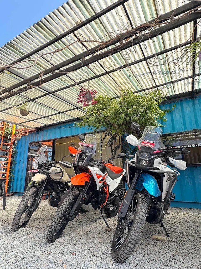 Premium adventure motorcycles at the Coffee Box pickup base